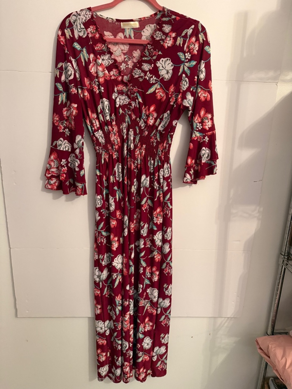 NORDSTROM Smocked Waist Burgundy Floral Maxi Dress with Ruffle Sleeves